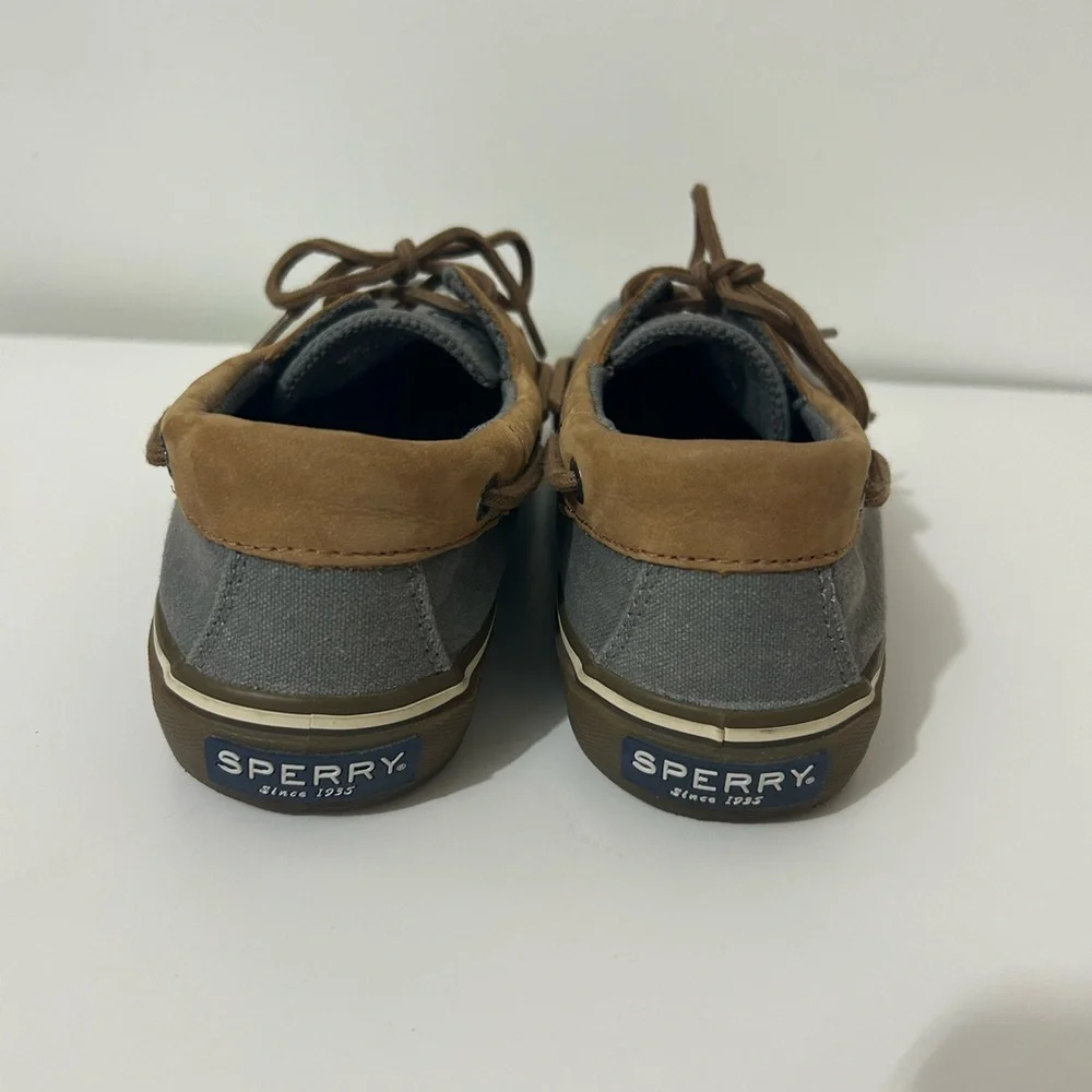 SPERRY TOPSIDER BOAT SHOES MENS SIZE 9 M BROWN LEATHER & GRAY CANVAS 2 EYELET